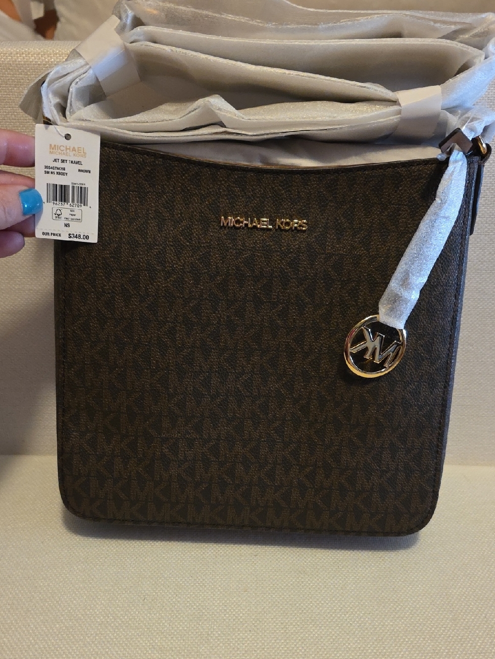NWT Michael Kors Jet Set Brown Logo Crossbody with Gold Accents And Fabric Strap